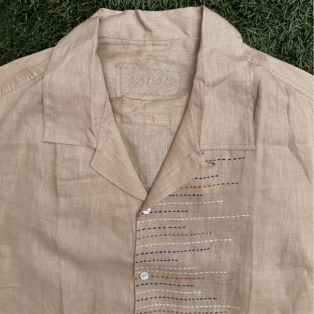 Biasa Men’s Ingram Hand Stitched Camp Shirt Linen Resortwear Relaxed Fit Stone M